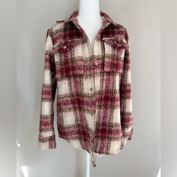 BB Dakota Red Cream Plaid Button Flannel Barn Jacket Women’s XS Utility Western - Picture 2 of 7